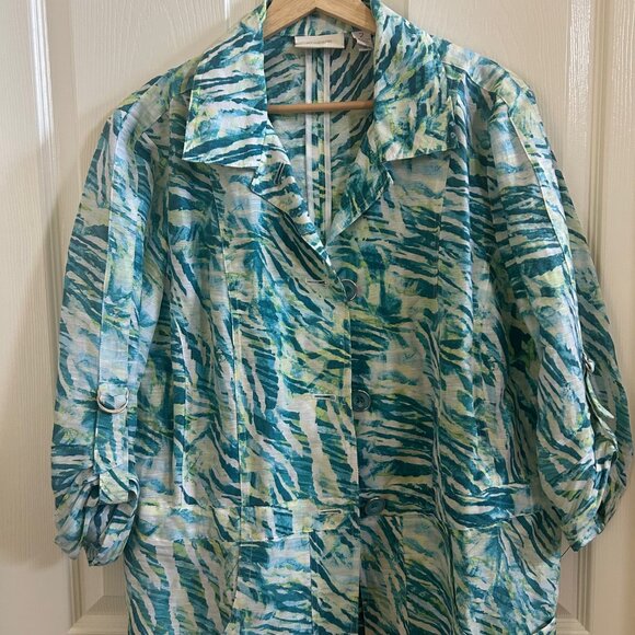 Chicos Women's Jacket Linen Blend Pockets Watercolor Animal Print SZ2/12 L - Picture 2 of 7